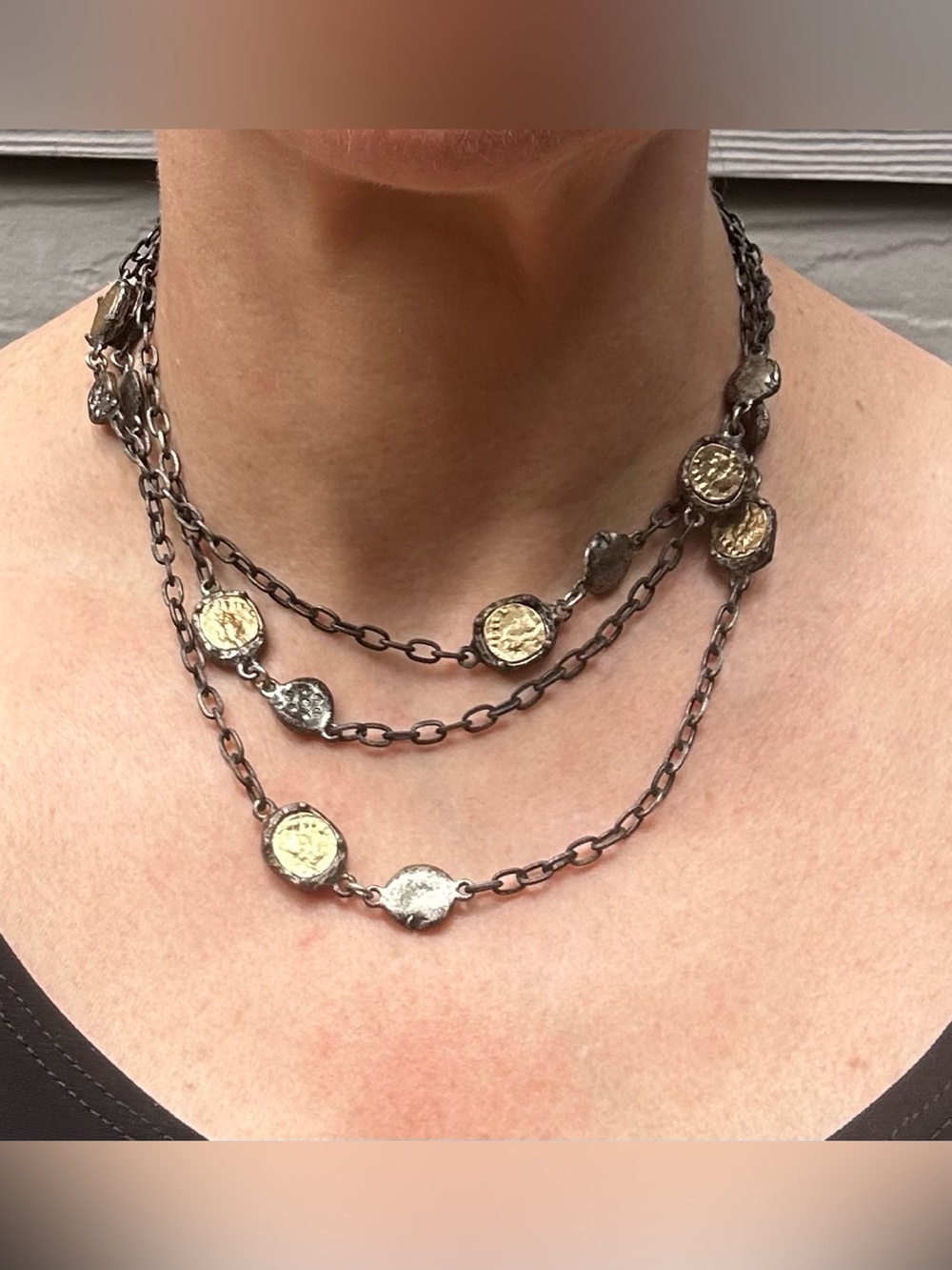 NWOT Tat 2 Mixed Metal Coin Link Necklace/Bracelet with Crystal Accents
